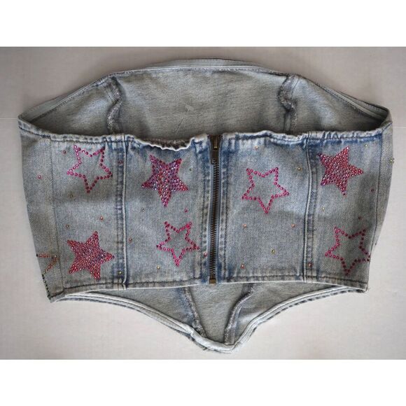 Nasty Gal Women's Sz 4 Embellished Star Hotfix Denim Shorts/Sz 10 Crop Top Set - Picture 4 of 11